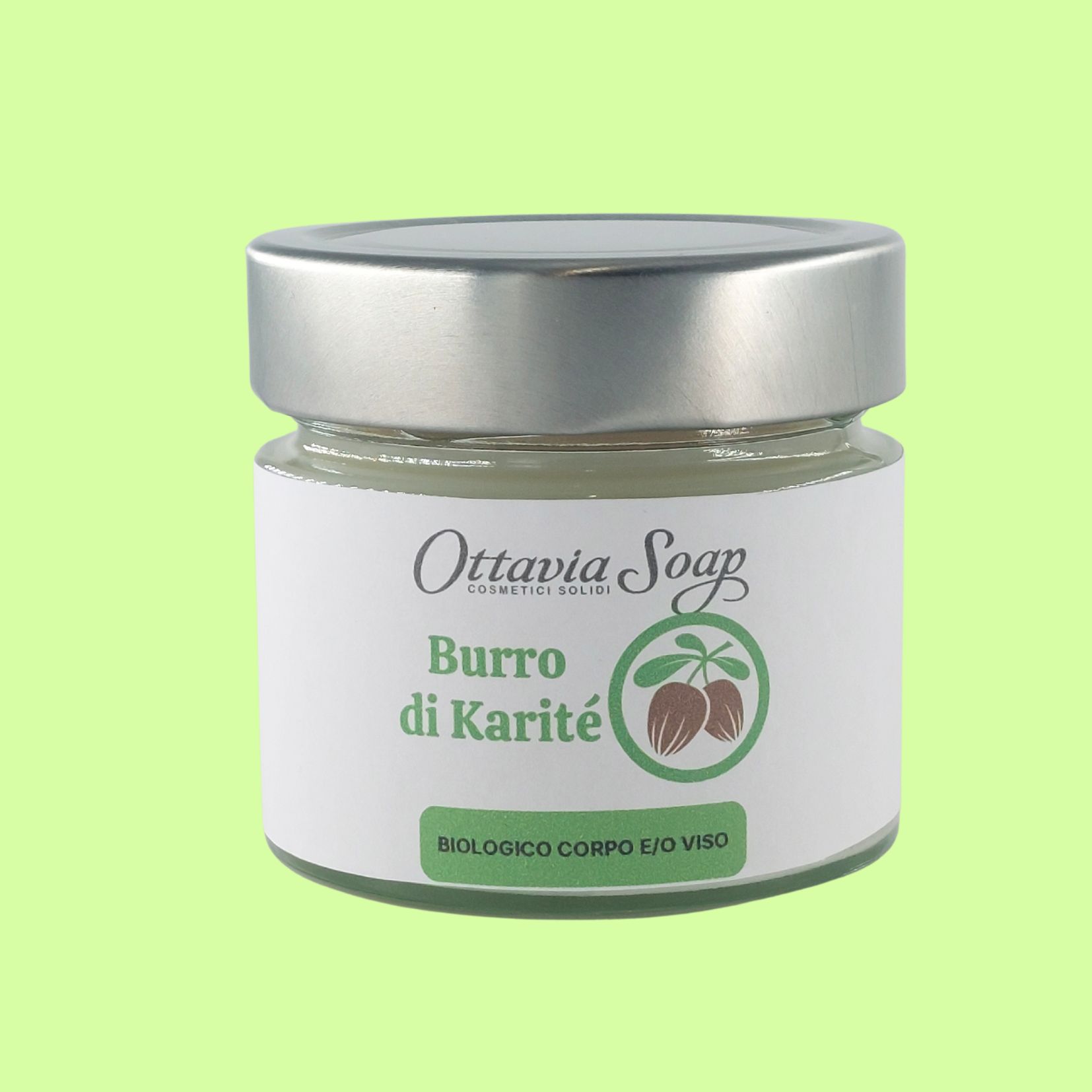 Burro di Karitè Biologico Vasetto di vetro con etichetta descrittiva del prodotto